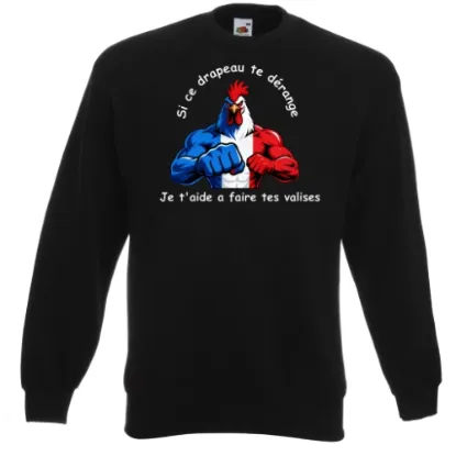 Image de Sweater noir pour homme Coq muscle « Si ce drapeau te derange je t'aide a faire tes valises »